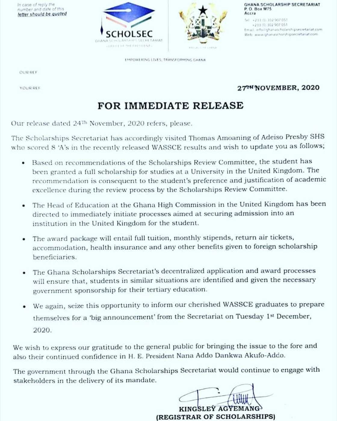 Thomas Amoaning: Adeiso SHS boy with 8As in WASSCE to study in UK after Akufo-Addo intervention Thomas Amoaning: Adeiso SHS boy with 8As in WASSCE to study in UK after Akufo-Addo intervention