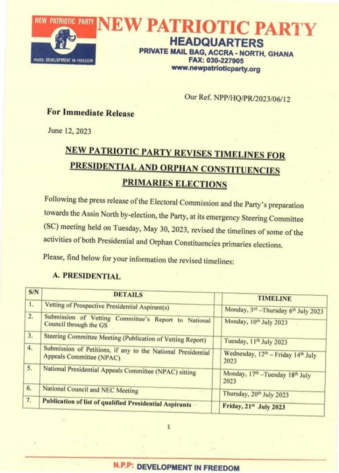 NPP has revised its timetable for the party's presidential primaries