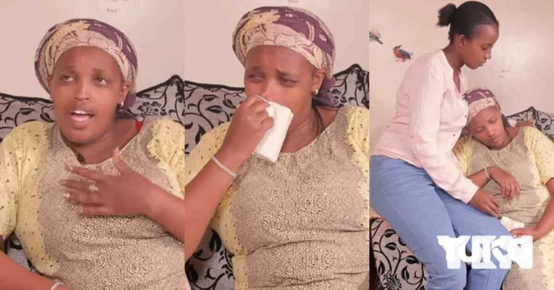 Soipan Martha says her mother had an affair with her ex-husband for over 15 years. TUKO.co.ke's Ann Nyathira comforts her. Soipan Martha says her mother had an affair with her ex-husband for over 15 years. TUKO.co.ke's Ann Nyathira comforts her.