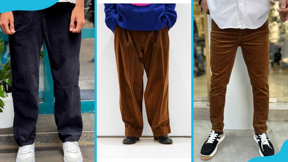 Corduroy trousers are in three variations: straight (L), baggy (C), and slim-fit (R). Corduroy trousers are in three variations: straight (L), baggy (C), and slim-fit (R).