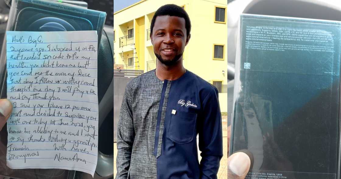 Young Ghanaian man Godwin Martey in shock after receiving iPhone 12 pro max from unknown giver Young Ghanaian man Godwin Martey in shock after receiving iPhone 12 pro max from unknown giver