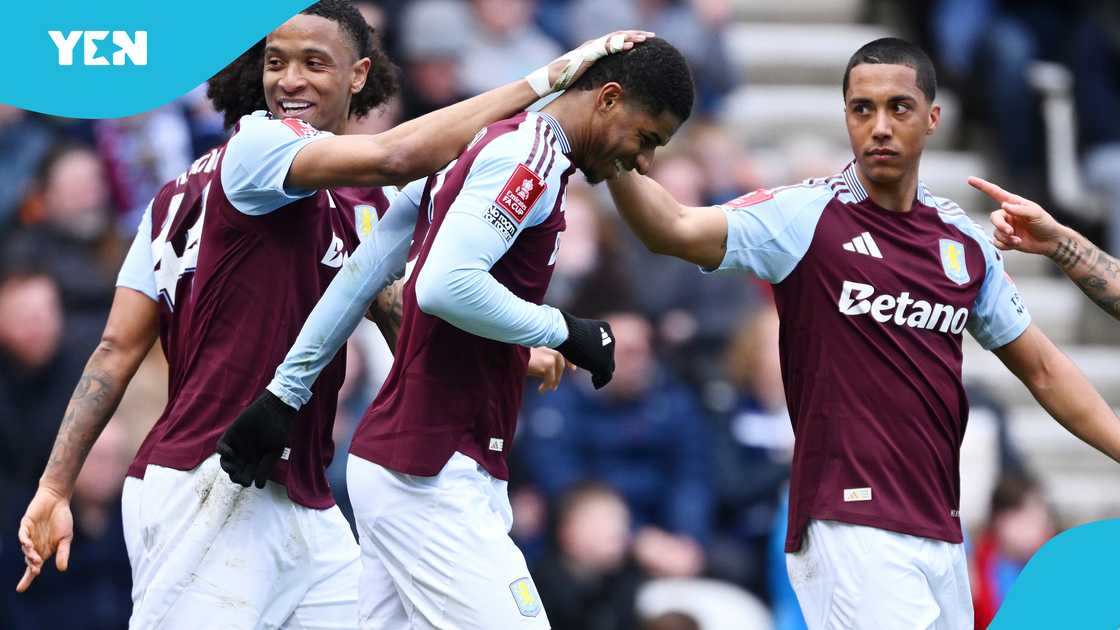 Marcus Rashford of Aston Villa celebrates scoring his team's first goal with teammates Ezri Konsa (L) and Youri Tielemans (R) in their 3-0 FA Cup QF win vs Preston North End and Aston Villa at Deepdale on March 30, 2025 Marcus Rashford of Aston Villa celebrates scoring his team's first goal with teammates Ezri Konsa (L) and Youri Tielemans (R) in their 3-0 FA Cup QF win vs Preston North End and Aston Villa at Deepdale on March 30, 2025