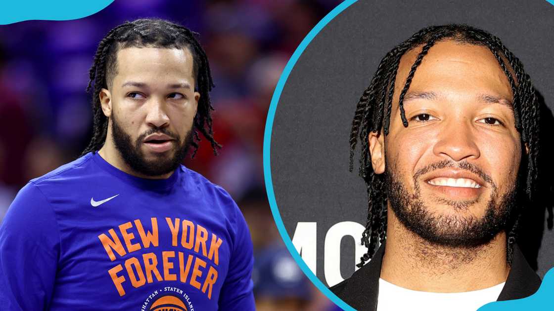 Jalen Brunson looks on before game six of the Eastern Conference First Round Playoffs (L). He attends the Mode of One collection launch (R)