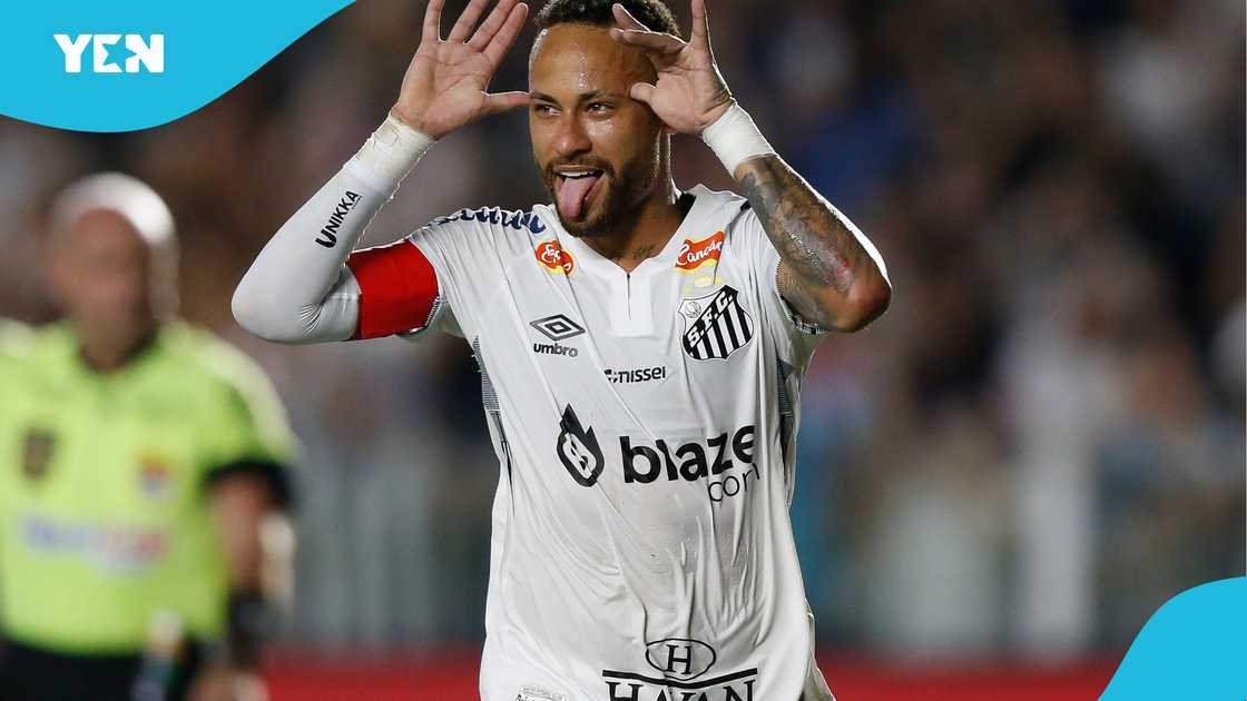 Neymar of Santos celebrates after scoring the team´s first goal during a match between Santos and Agua Santa as part of Campeonato Paulista 2025 at Urbano Caldeira Stadium on February 16, 2025 in Santos, Brazil Neymar of Santos celebrates after scoring the team´s first goal during a match between Santos and Agua Santa as part of Campeonato Paulista 2025 at Urbano Caldeira Stadium on February 16, 2025 in Santos, Brazil