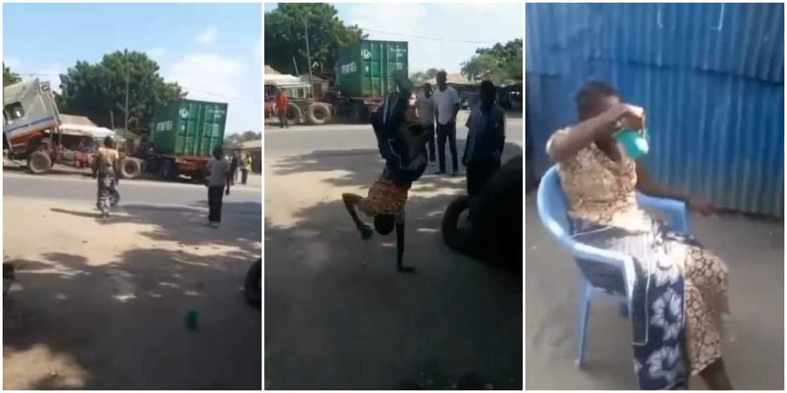 Video shows woman in wrapper doing front flips on one hand from the road to her seat, stirs reactions Video shows woman in wrapper doing front flips on one hand from the road to her seat, stirs reactions