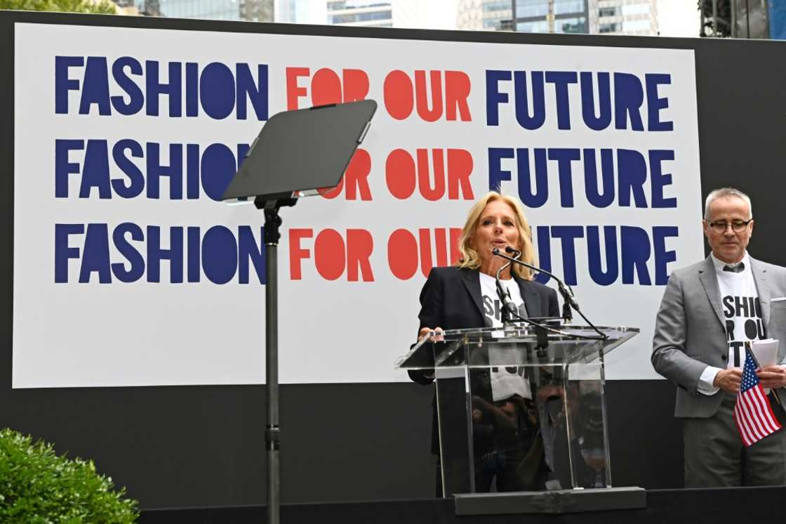 US First Lady Jill Biden gives a surprise speech at a "get out the vote" march that opened New York Fashion Week, on September 6, 2024