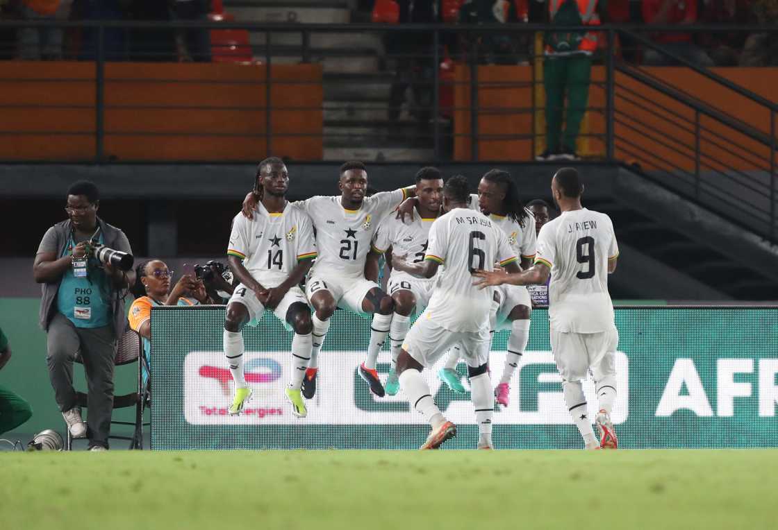 Mohammed Kudus of Ghana celebrates with his team-mates after scoring his sides first goal during the TotalEnergies CAF Africa Cup of Nations group stage match between Egypt and Ghana at Stade Félix Houphouët-Boigny on January 18, 2024 Mohammed Kudus of Ghana celebrates with his team-mates after scoring his sides first goal during the TotalEnergies CAF Africa Cup of Nations group stage match between Egypt and Ghana at Stade Félix Houphouët-Boigny on January 18, 2024