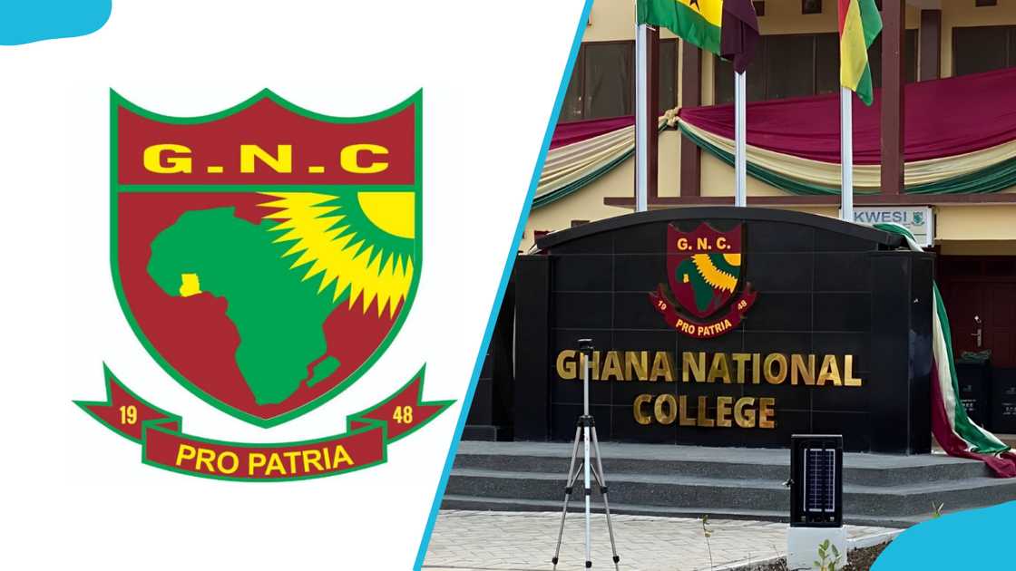 The Ghana National College school logo (L). The Ghana National College monument (R) The Ghana National College school logo (L). The Ghana National College monument (R)