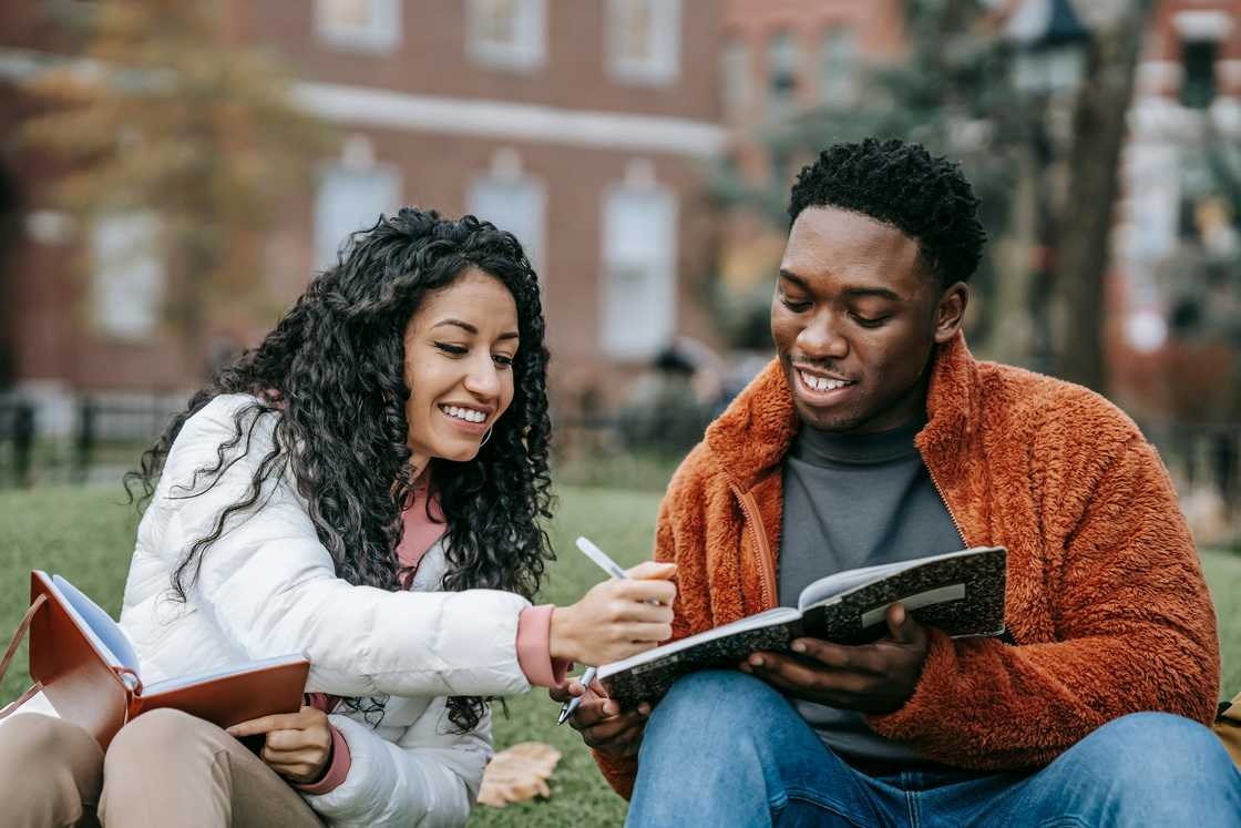 Two students discussig outdoors