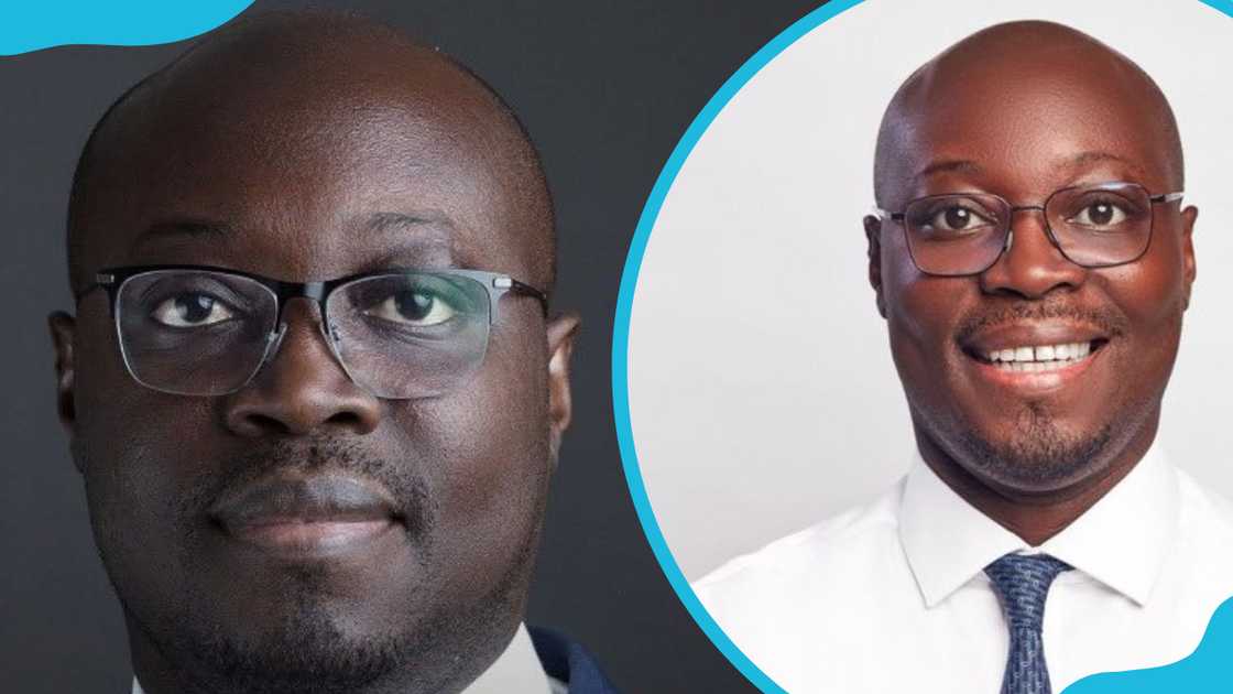 Cassiel Ato Forson poses for a portrait (L). He is smiling for a photo (R)