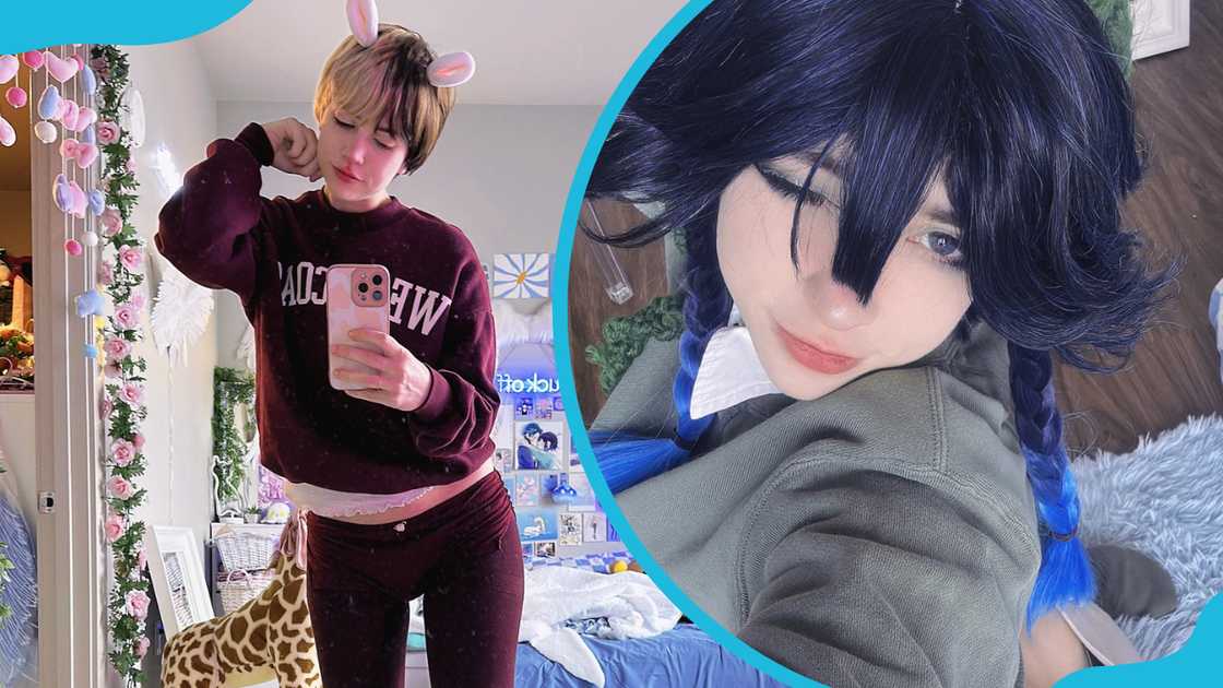 Indigo White takes a mirror selfie in a maroon suit, and winking in a grey sweater Indigo White takes a mirror selfie in a maroon suit, and winking in a grey sweater
