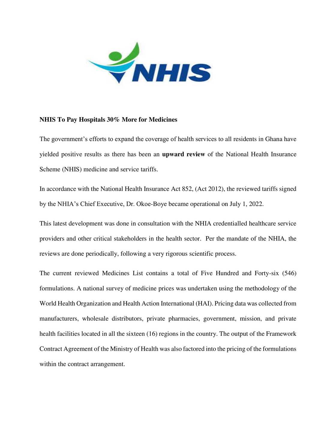 NHIS reviews costs upward