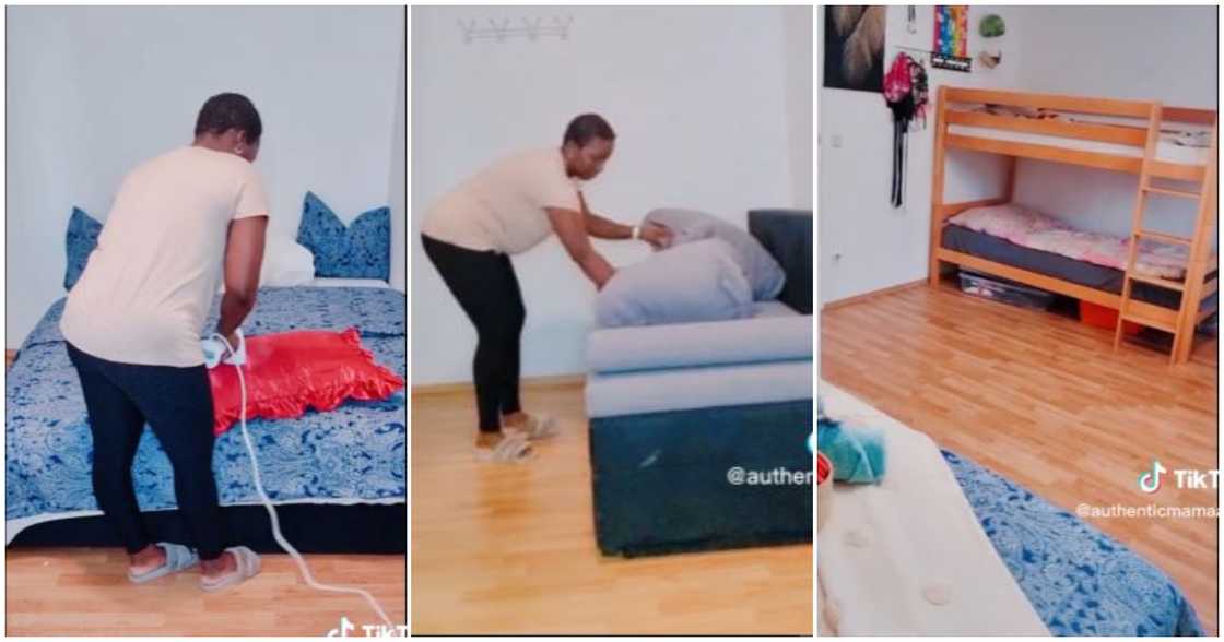 A lady tidies up her room A lady tidies up her room