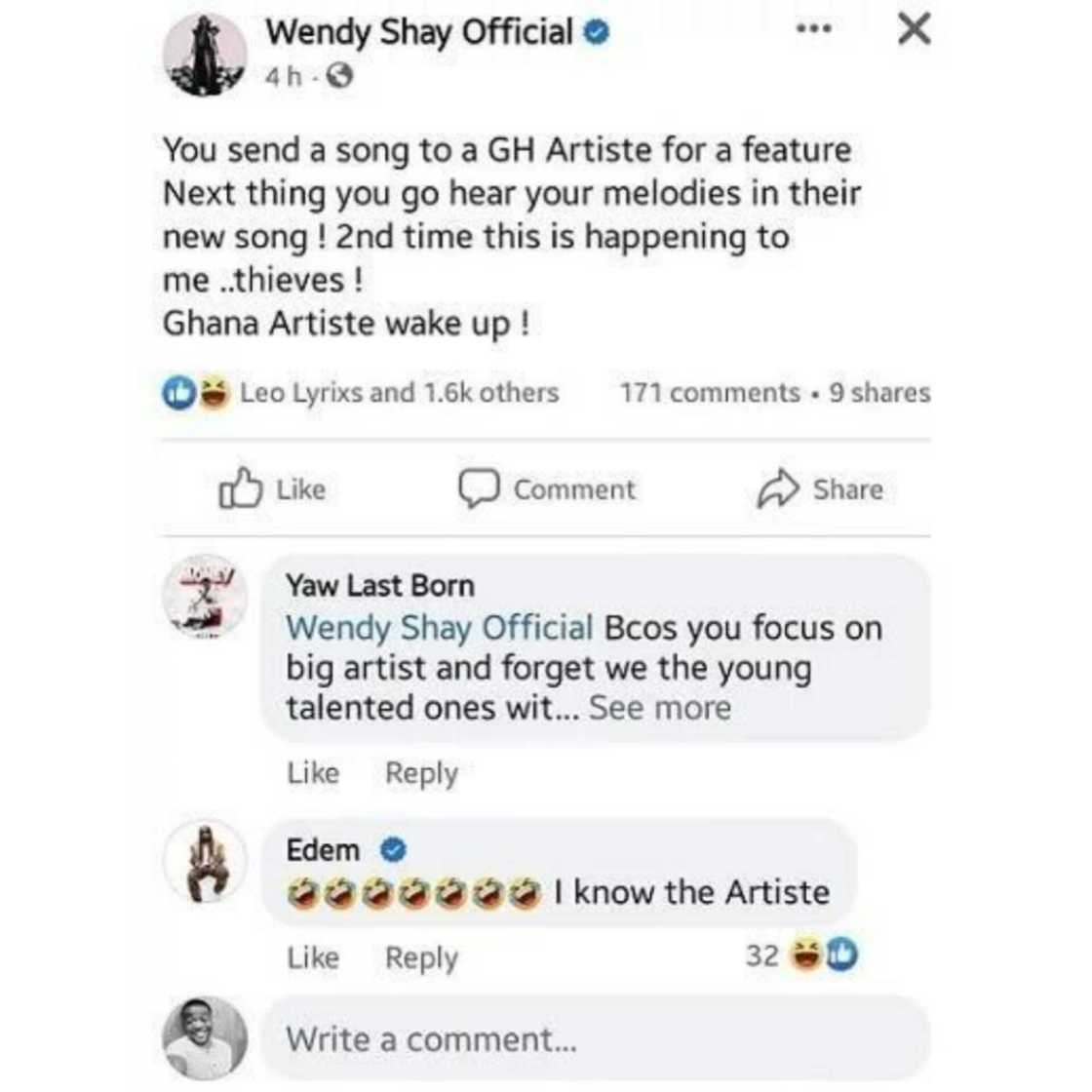 Ayigbe Edem replies Wendy Shay Ayigbe Edem replies Wendy Shay
