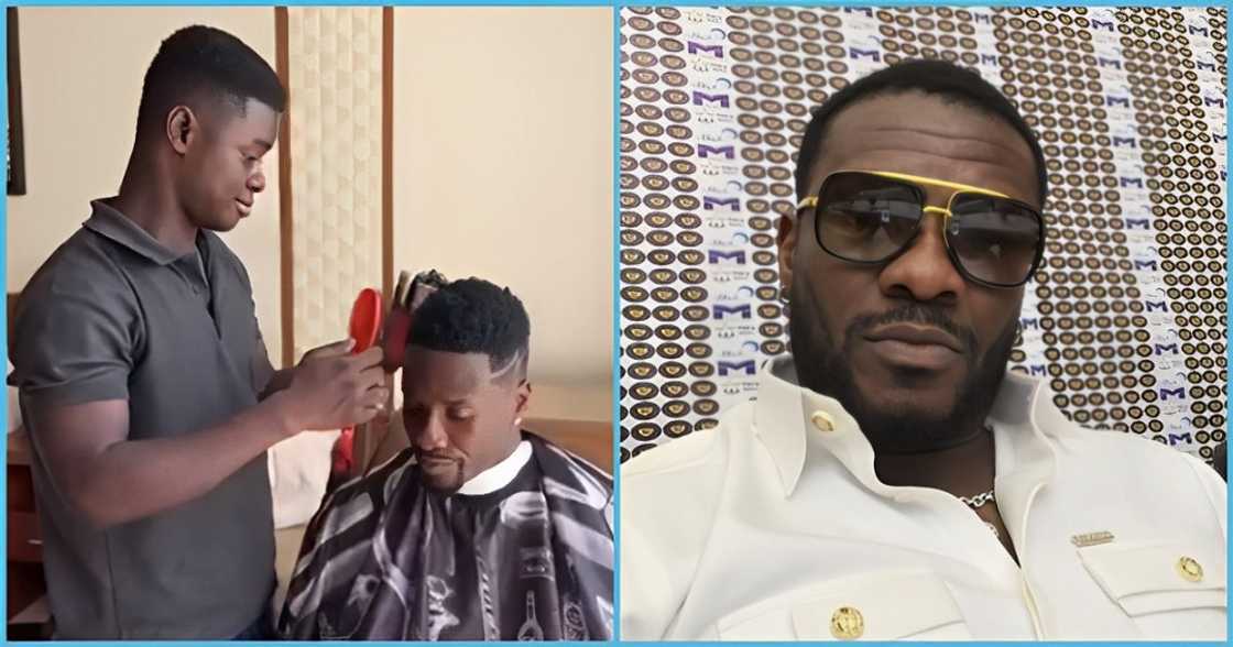 Photo of Asamoah Gyan and a barber Photo of Asamoah Gyan and a barber