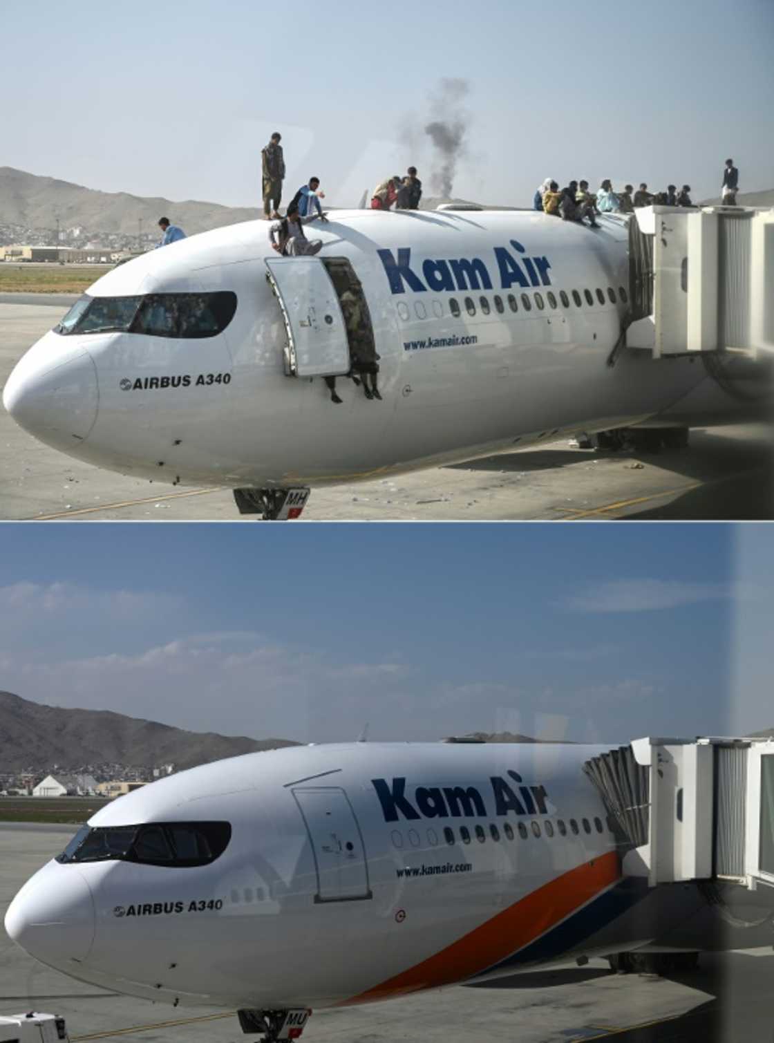 This combination of pictures shows (top) Afghan people climbing atop of a plane as they wait at the Kabul airport on August 16, 2021, and (bottom) the same area of the airport taken on March 15, 2022 This combination of pictures shows (top) Afghan people climbing atop of a plane as they wait at the Kabul airport on August 16, 2021, and (bottom) the same area of the airport taken on March 15, 2022