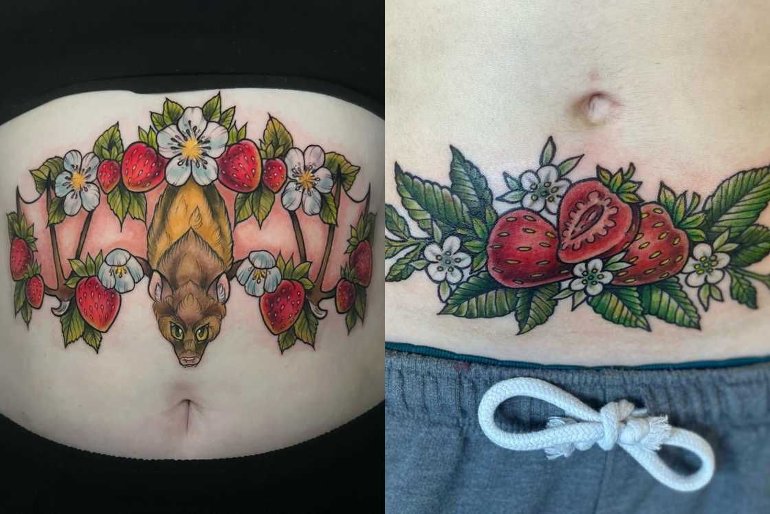 Ladies with red strawberry tattoos on tree branches Ladies with red strawberry tattoos on tree branches