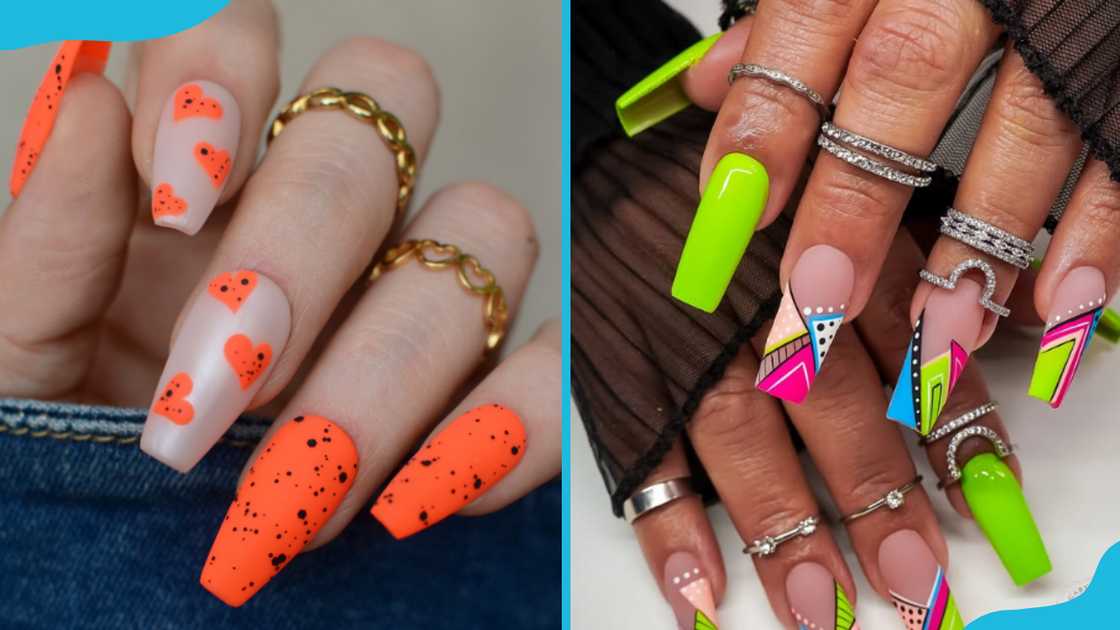 Medium-short neon coffin nails Medium-short neon coffin nails