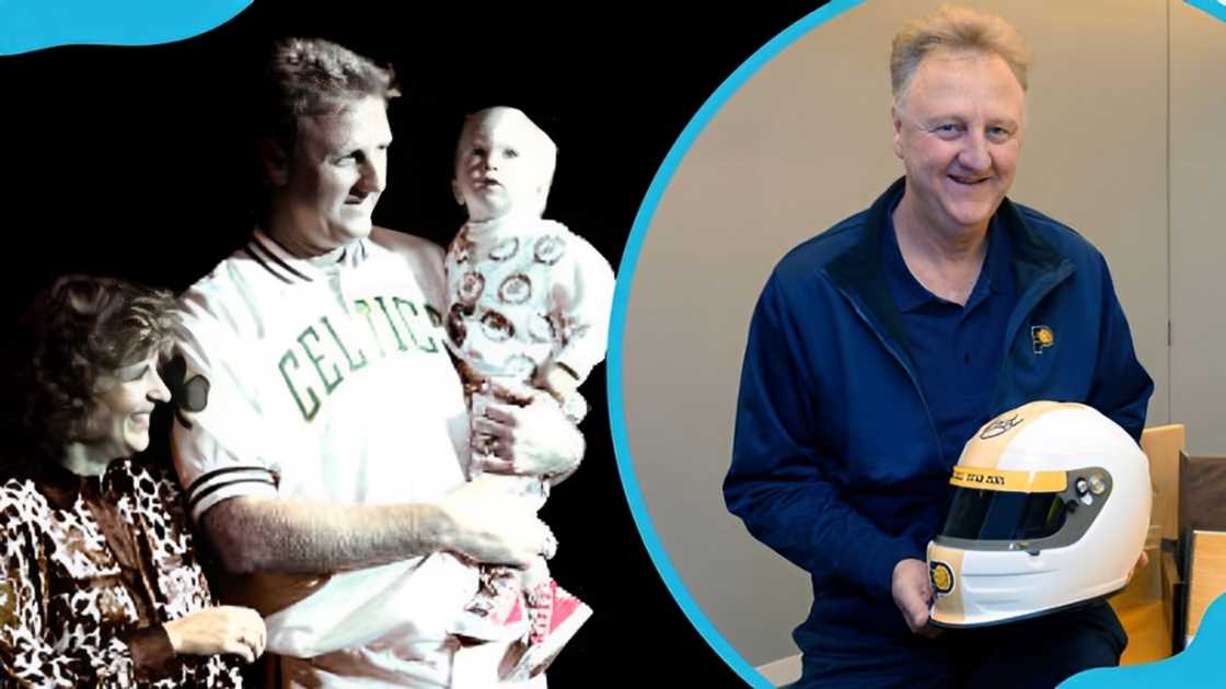 Past photo of Larry Bird with wife Dinah Mattingly and son Connor and Bird at Boston Garden Past photo of Larry Bird with wife Dinah Mattingly and son Connor and Bird at Boston Garden