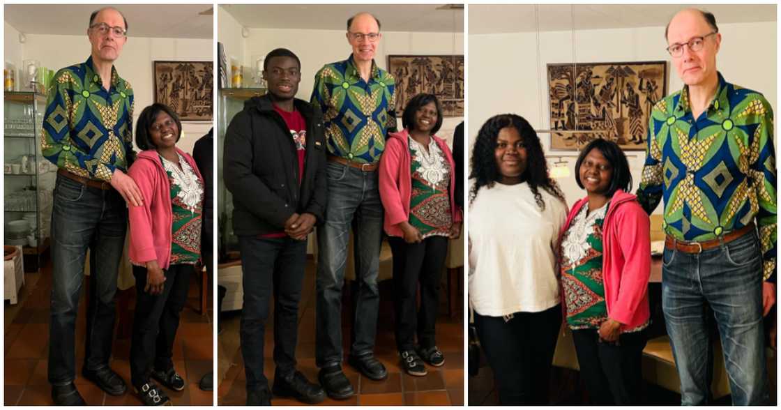 Woman, her tall husband, and some students