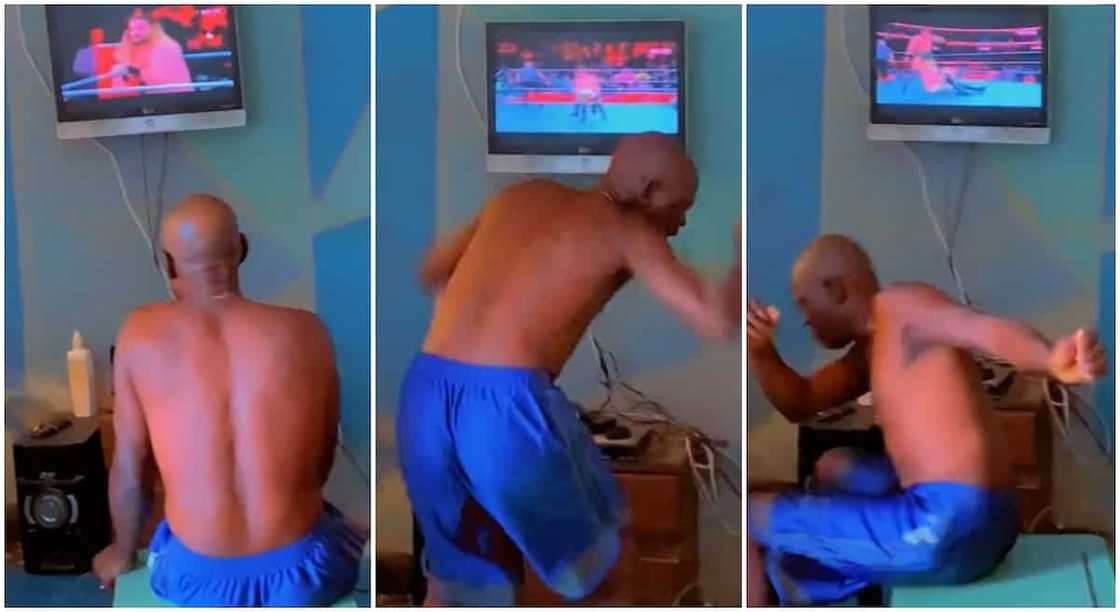 Photos of a man watching WWE match.