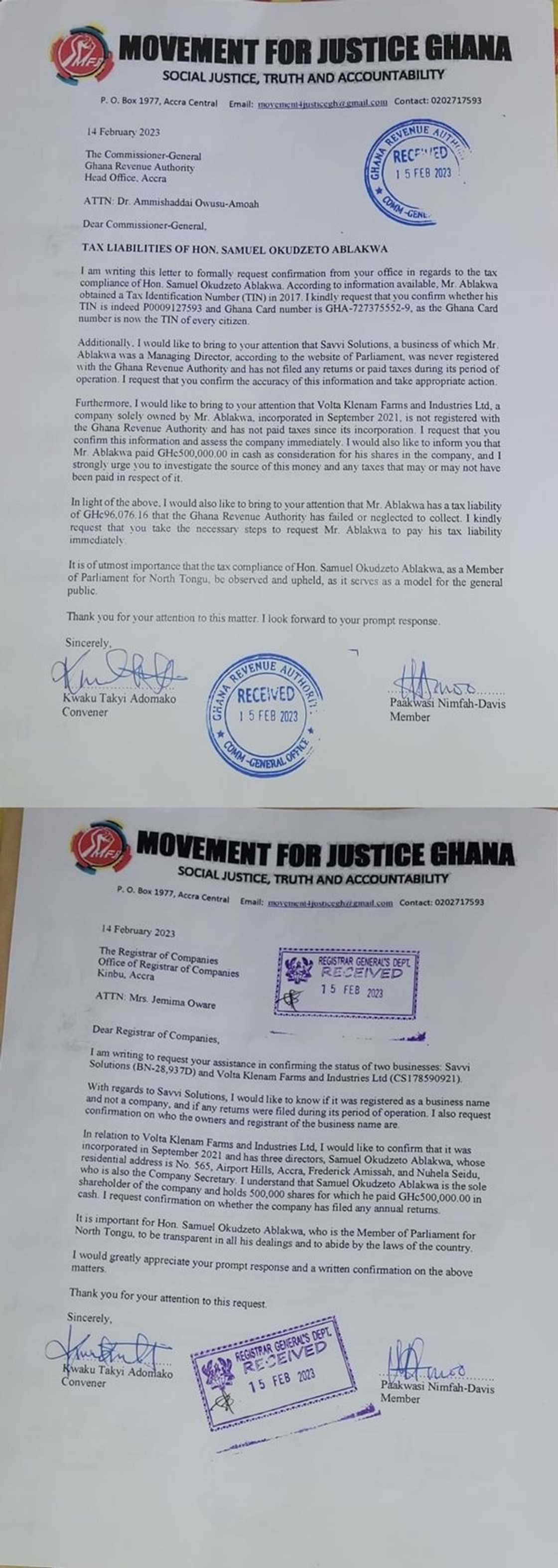 Letter by the Movement For Justice Ghana makes serious allegations against Ablakwa. Letter by the Movement For Justice Ghana makes serious allegations against Ablakwa.