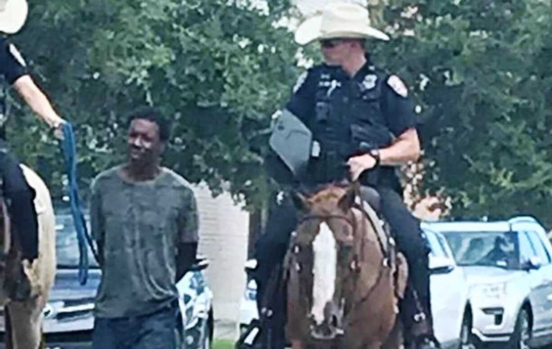 Police boss apologises after officers on horseback parade tied up suspect through town