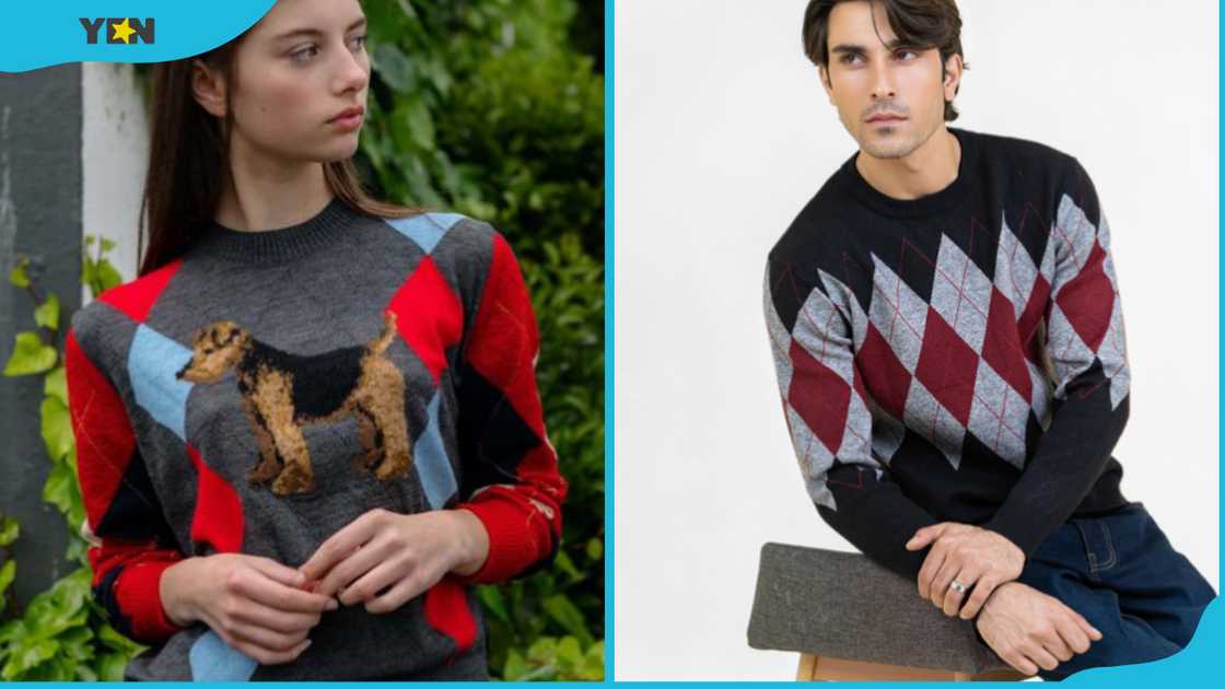 A man and a woman in argyle sweaters A man and a woman in argyle sweaters