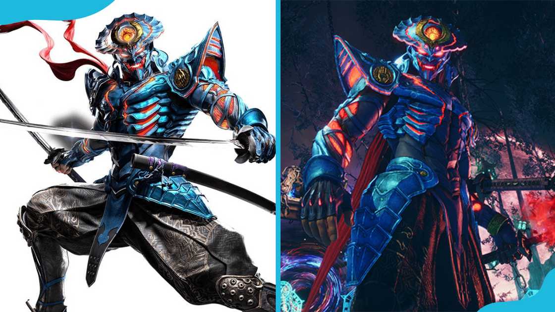 Yoshimitsu in a dynamic pose with a long sword and elaborate armor