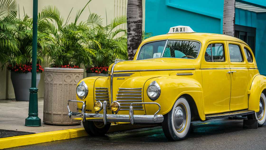 A yellow taxi packed near the planters