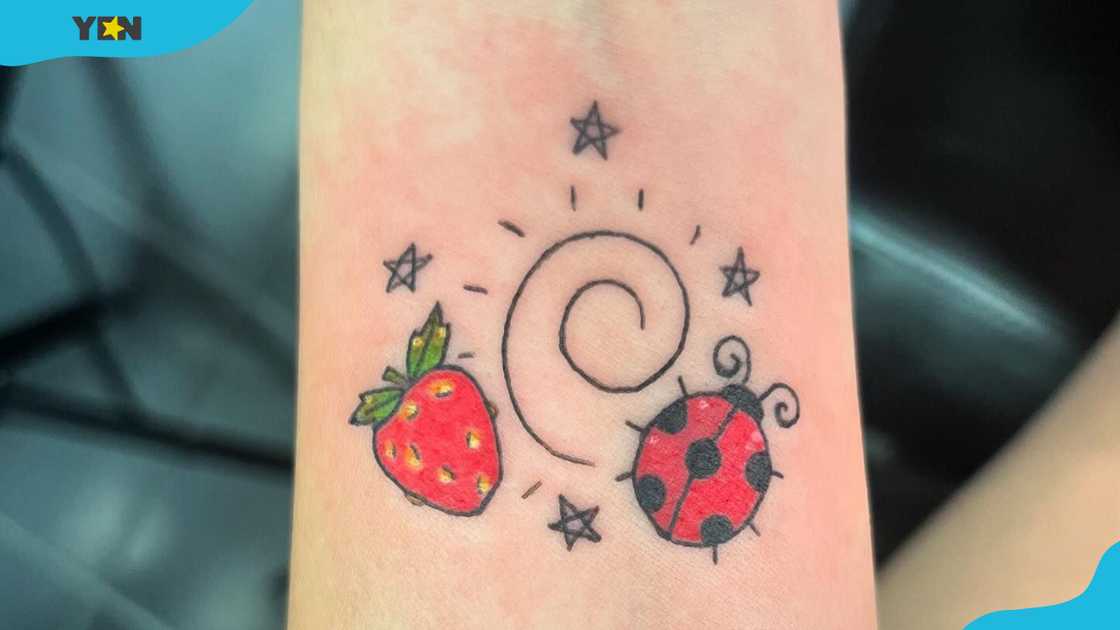 A tattoo featuring a ladybug, a strawberry, a spiral sun, and small stars