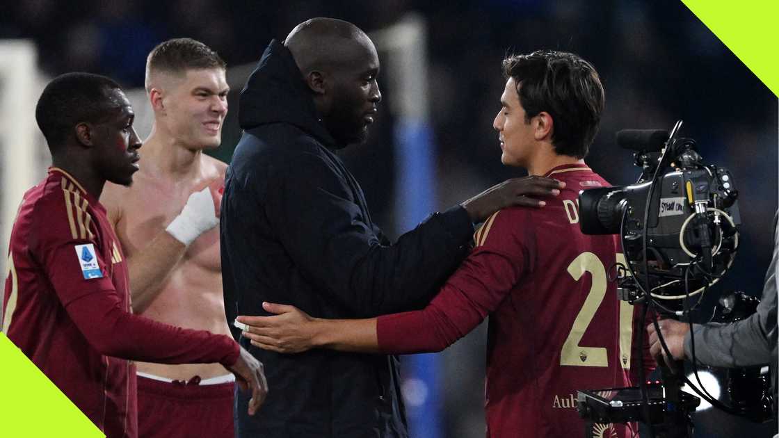 Artem Dovbyk, Evan Ndicka, Romelu Lukaku, Paulo Dybala, AS Roma, Napoli Stadio Diego Armando Maradona, Naples, Italy, Serie A. Artem Dovbyk, Evan Ndicka, Romelu Lukaku, Paulo Dybala, AS Roma, Napoli Stadio Diego Armando Maradona, Naples, Italy, Serie A.