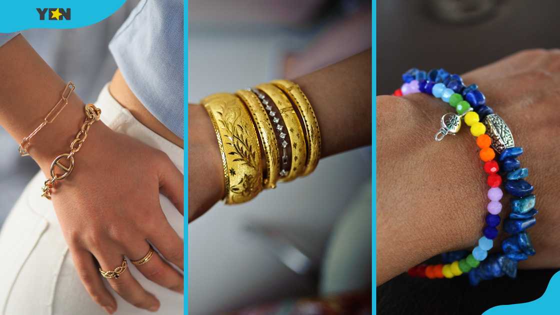 Types of bracelets; chain bracelets (L), cuff bracelets (C), and bead bracelets (R) Types of bracelets; chain bracelets (L), cuff bracelets (C), and bead bracelets (R)