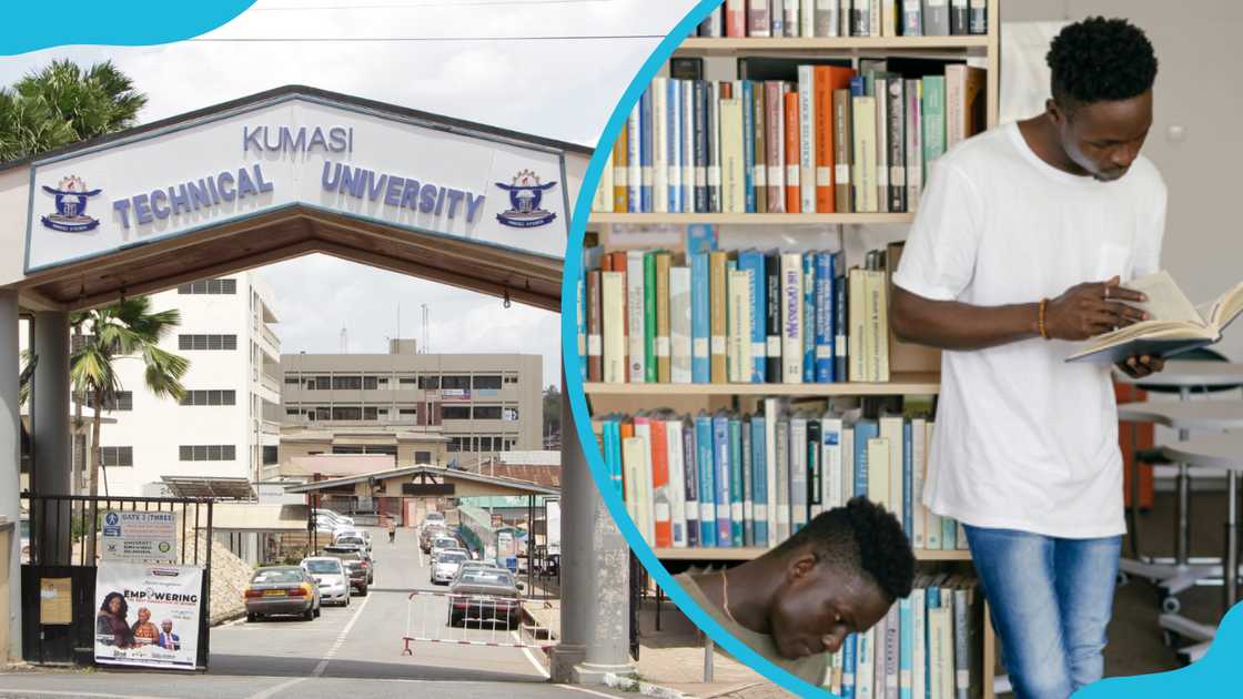 The Kumasi Technical University gate and students in a library The Kumasi Technical University gate and students in a library
