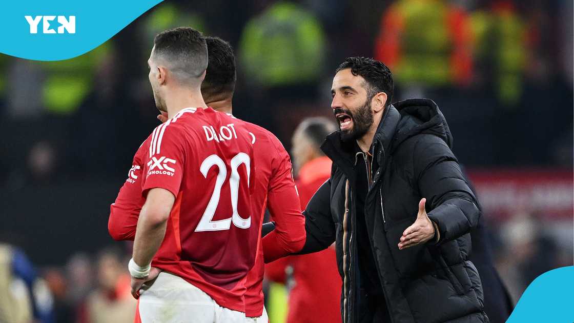 Ruben Amorim, Manager of Manchester United, reacts, towards Casemiro and Diogo Dalot im the UEFA Europa League 2024/25 Quarter Final Second Leg match between Manchester United and Olympique Lyonnais at Old Trafford on April 17, 2025 in Manchester, England Ruben Amorim, Manager of Manchester United, reacts, towards Casemiro and Diogo Dalot im the UEFA Europa League 2024/25 Quarter Final Second Leg match between Manchester United and Olympique Lyonnais at Old Trafford on April 17, 2025 in Manchester, England