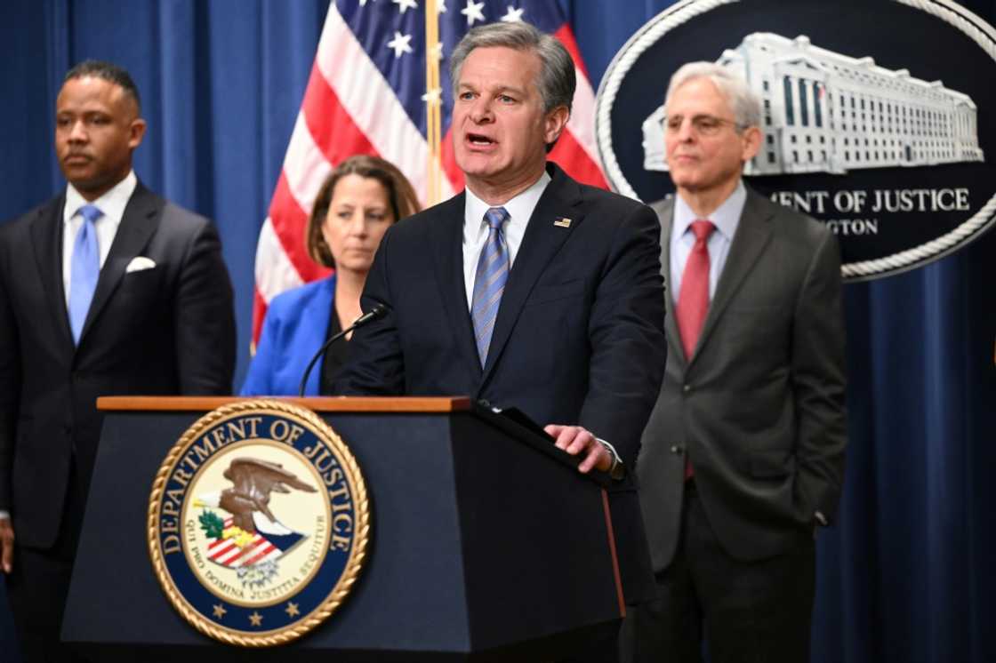 FBI Director Christopher Wray with Deputy Attorney General Lisa Monaco (2L), and US Attorney General Merrick Garland (R), announce an international ransomware enforcement action against Hive on January 26, 2023 FBI Director Christopher Wray with Deputy Attorney General Lisa Monaco (2L), and US Attorney General Merrick Garland (R), announce an international ransomware enforcement action against Hive on January 26, 2023