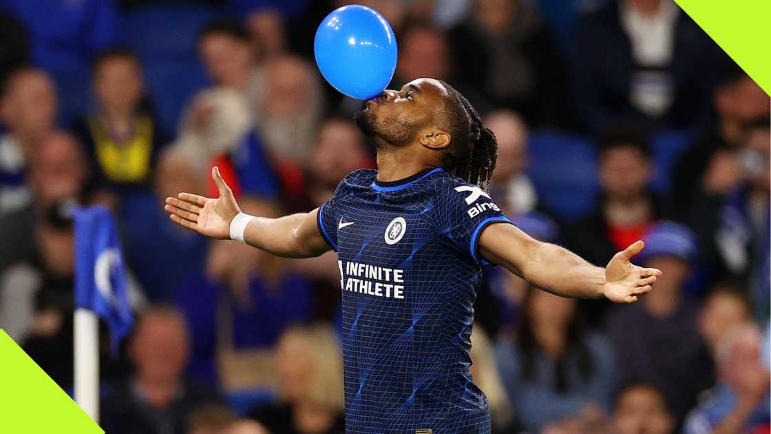 Christopher Nkunku's balloon celebration in Chelsea attire. Christopher Nkunku's balloon celebration in Chelsea attire.