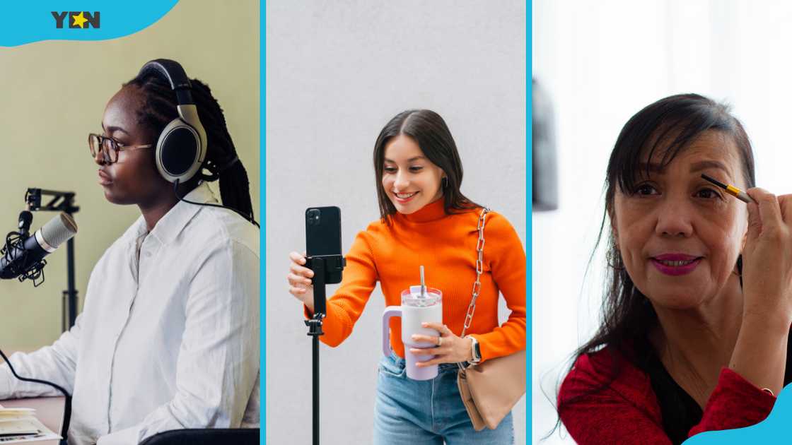 A woman is recording a podcast (L), a girl is filming a video (M), and an Asian woman content creator is filming a make-up tutorial at home (R)