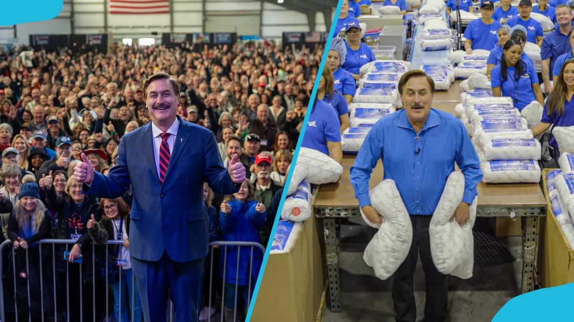 Mike Lindell standing before crowds of people