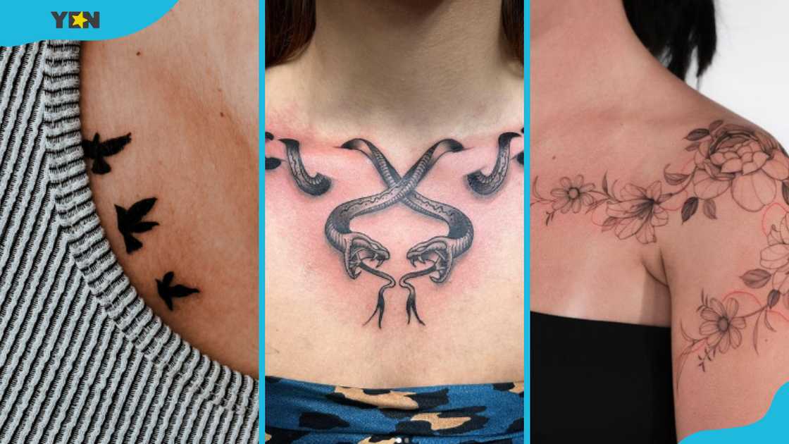 Flying bird tattoo (L), snake tattoo (M) and black and grey leaves and flower tattoo (R) Flying bird tattoo (L), snake tattoo (M) and black and grey leaves and flower tattoo (R)