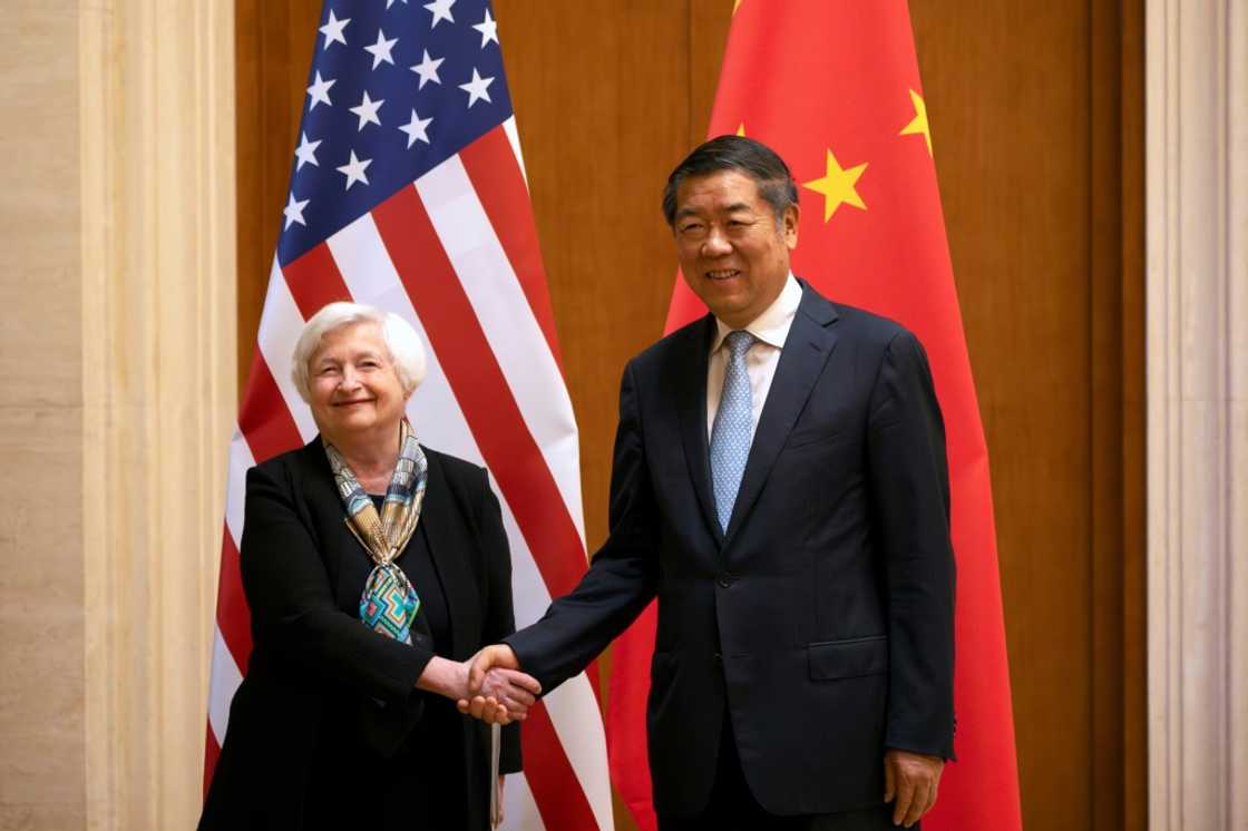 US Treasury Secretary Janet Yellen (L) shakes hands with Chinese Vice Premier He Lifeng during a a visit to Beijing US Treasury Secretary Janet Yellen (L) shakes hands with Chinese Vice Premier He Lifeng during a a visit to Beijing