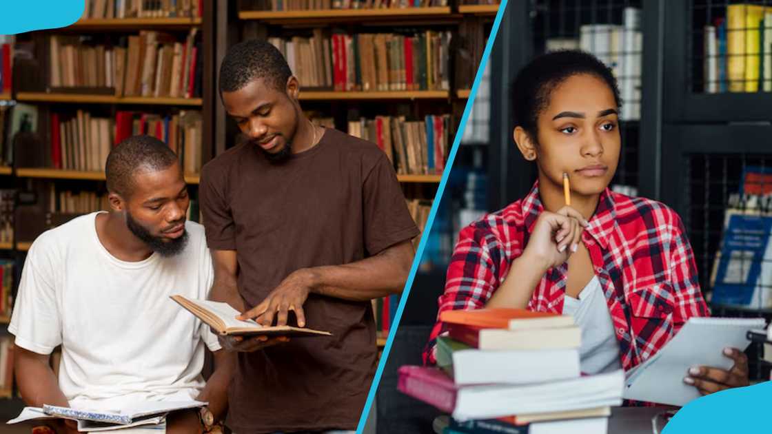 Students reading in a library Students reading in a library
