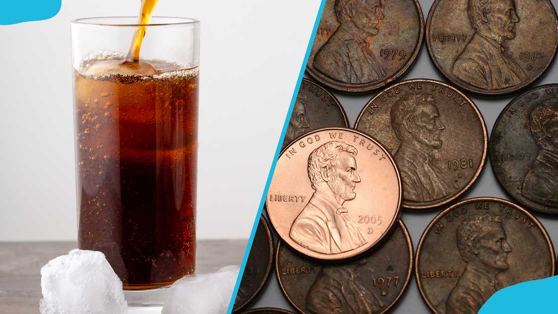 Cola or soda with ice (L). A collection of pennies (R). Cola or soda with ice (L). A collection of pennies (R).