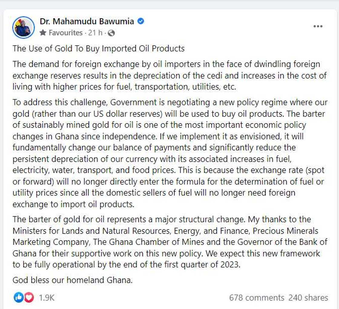 Vice president Dr Bawumia announced plans by Ghana to pay for imported oil with gold. Vice president Dr Bawumia announced plans by Ghana to pay for imported oil with gold.