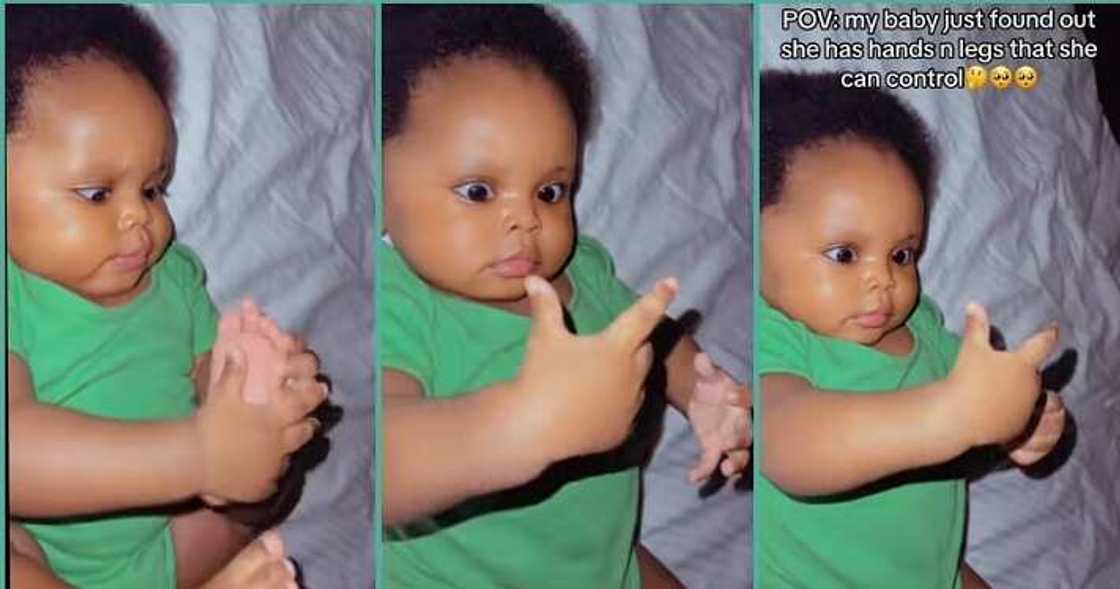 Moment a baby found out that she has hands and legs Moment a baby found out that she has hands and legs