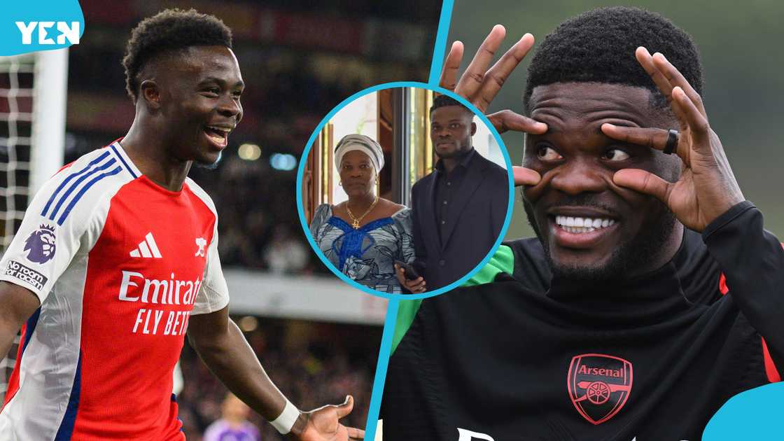 Arsenal winger Bukayo Saka, Thomas Partey and his mother, Thomas Partey, Thomas Partey's mother, Arsenal, Premier League Arsenal winger Bukayo Saka, Thomas Partey and his mother, Thomas Partey, Thomas Partey's mother, Arsenal, Premier League