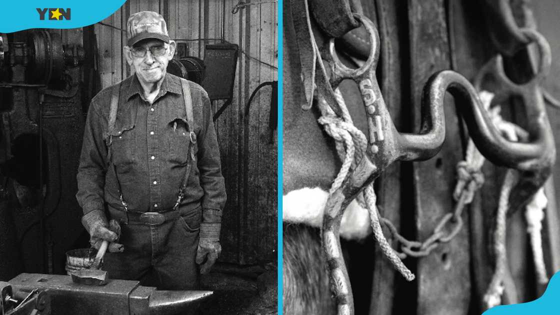 Billy Klapper at his forge shop (L) and a pair of his iconic bits (R) Billy Klapper at his forge shop (L) and a pair of his iconic bits (R)