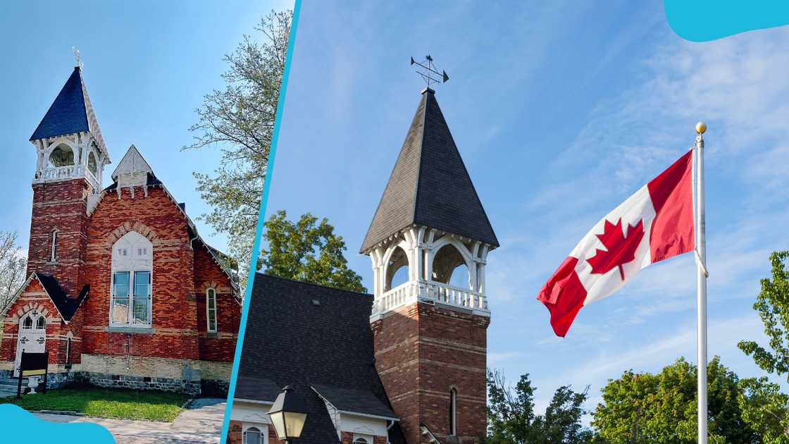 The Unionville old church with the Canadian flag in Markham, Unionville, Ontario, Canada.