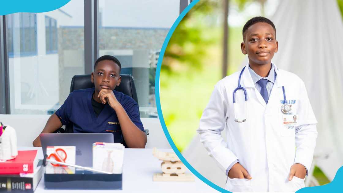 Dr Kwaku Boakye Gyamfi poses in an office (L) and outdoors in a lab coat (R) Dr Kwaku Boakye Gyamfi poses in an office (L) and outdoors in a lab coat (R)