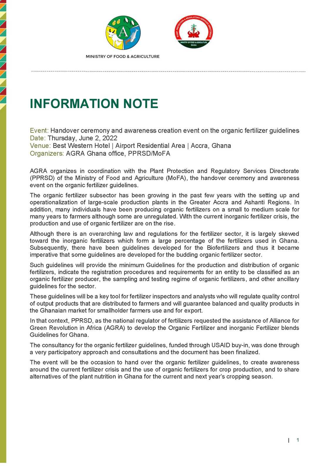 AGRA information note on organic fertilizer AGRA information note on organic fertilizer